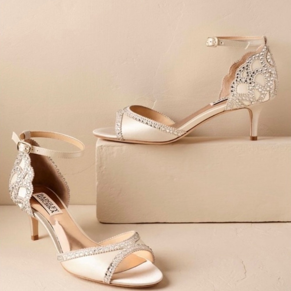 Badgley Mischka Champagne Satin Crystal Ankle-Strap Heels